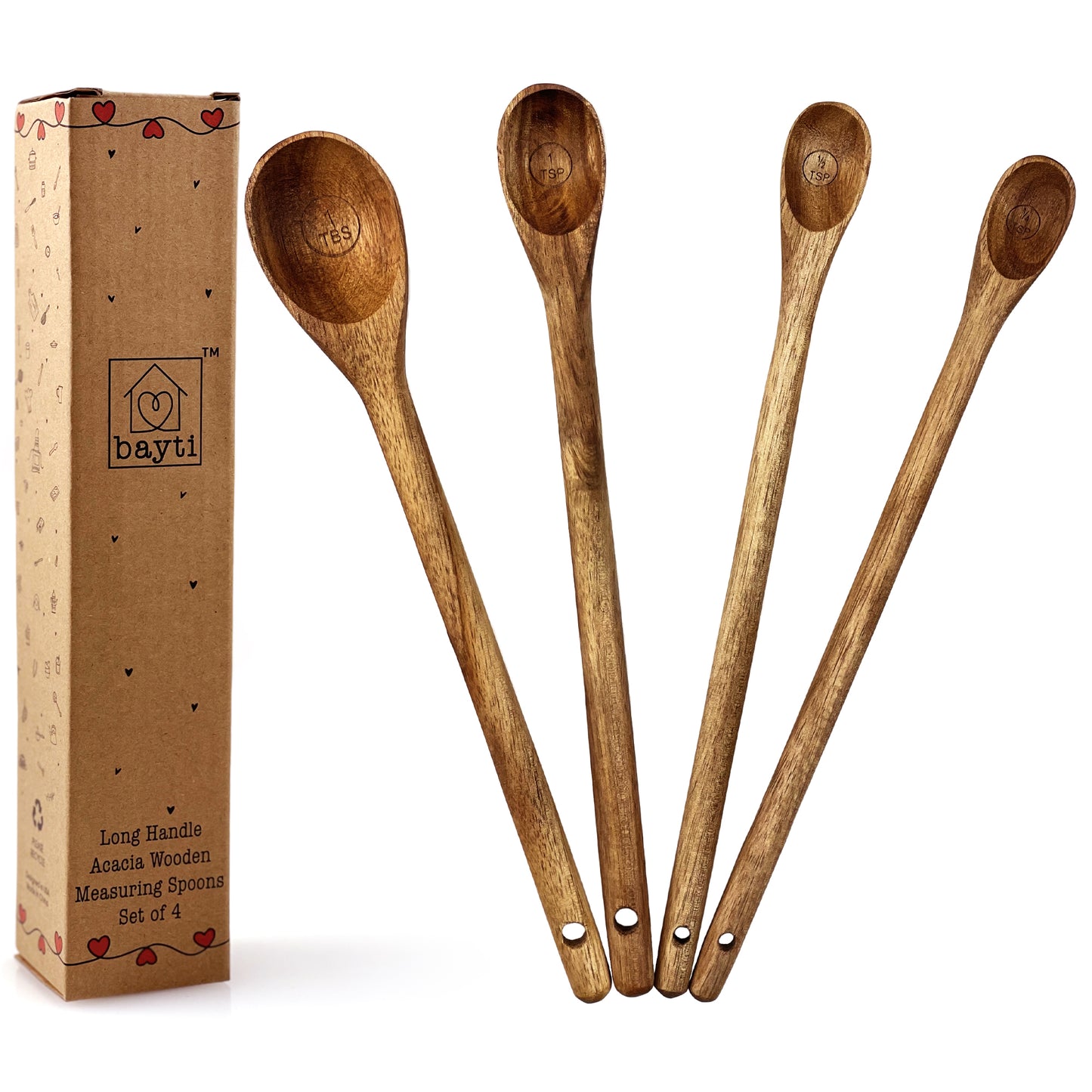 Long Handle Acacia Wooden Measuring Spoons, 100% Natural Food Grade Acacia Wood set of 4 spoons
