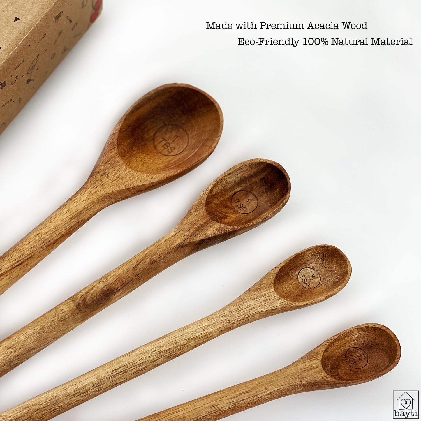 Long Handle Acacia Wooden Measuring Spoons, 100% Natural Food Grade Acacia Wood set of 4 spoons