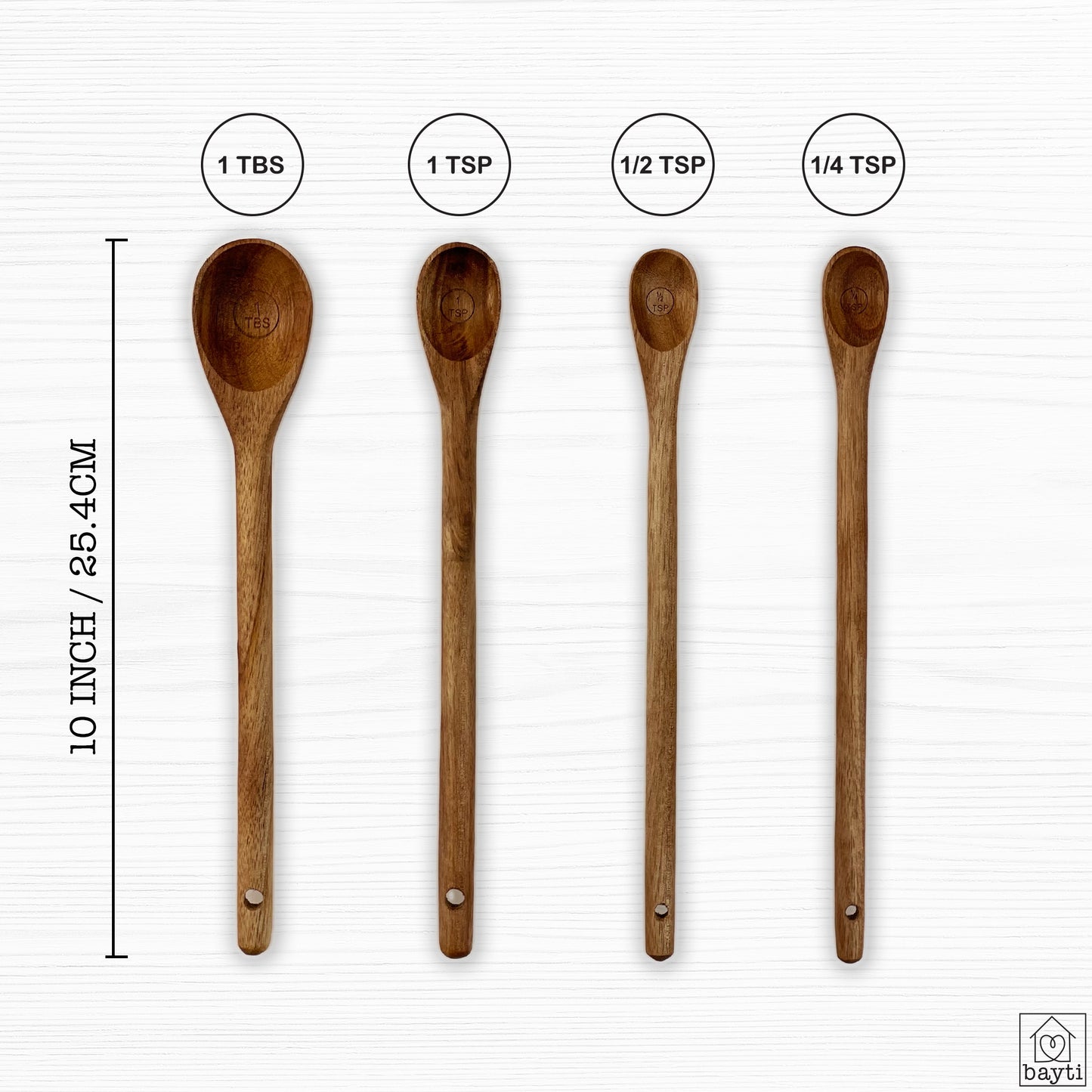 Long Handle Acacia Wooden Measuring Spoons, 100% Natural Food Grade Acacia Wood set of 4 spoons