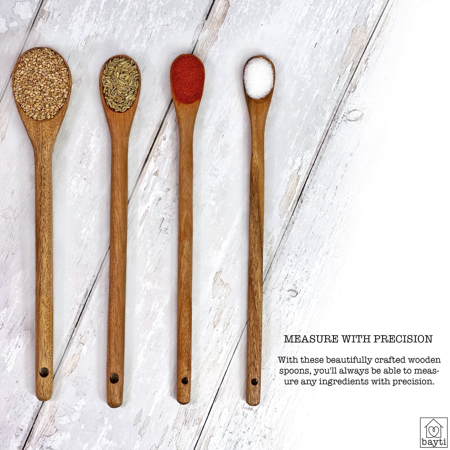Long Handle Acacia Wooden Measuring Spoons, 100% Natural Food Grade Acacia Wood set of 4 spoons