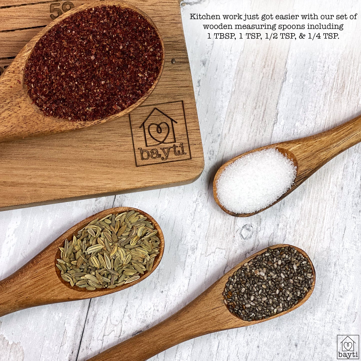 Long Handle Acacia Wooden Measuring Spoons, 100% Natural Food Grade Acacia Wood set of 4 spoons