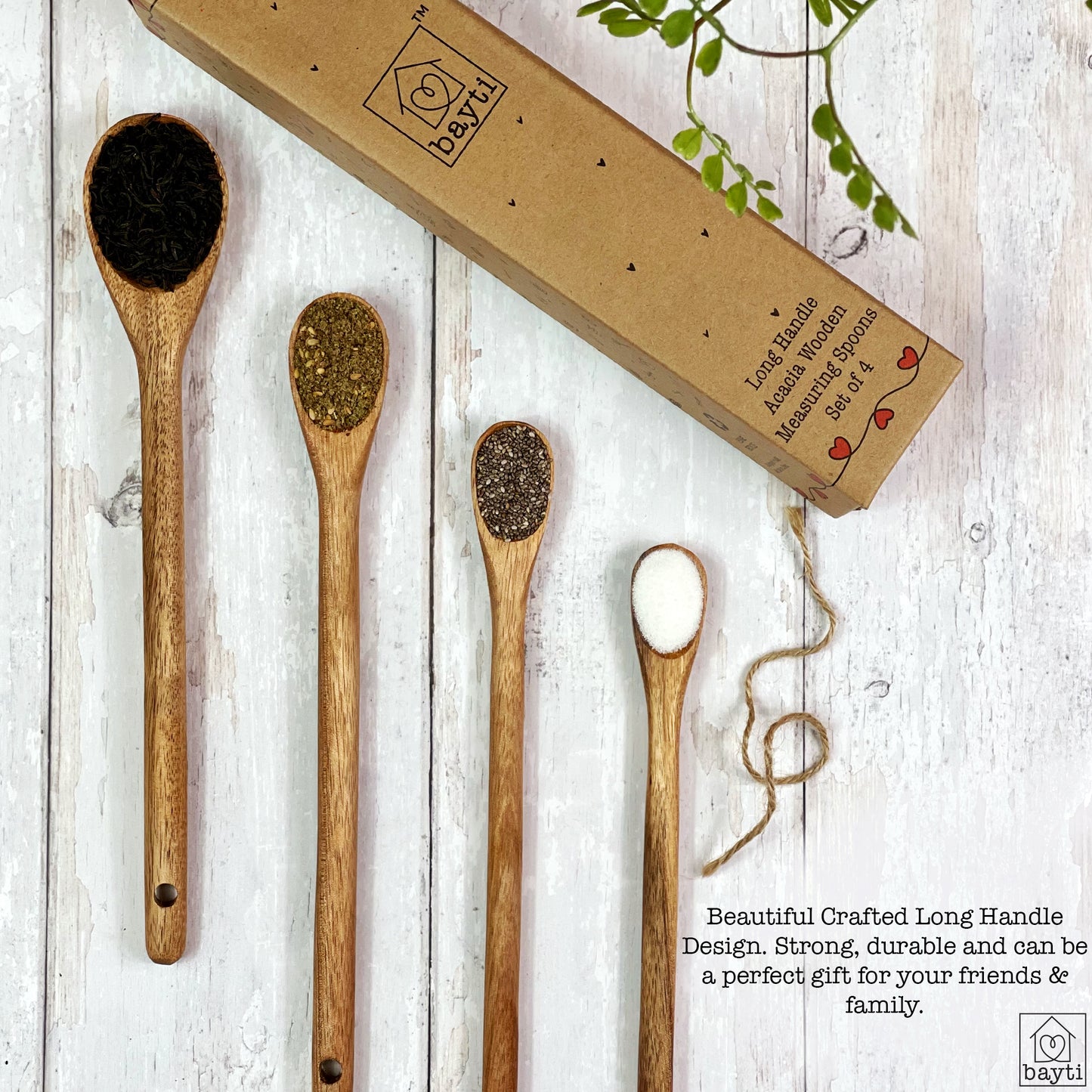 Long Handle Acacia Wooden Measuring Spoons, 100% Natural Food Grade Acacia Wood set of 4 spoons
