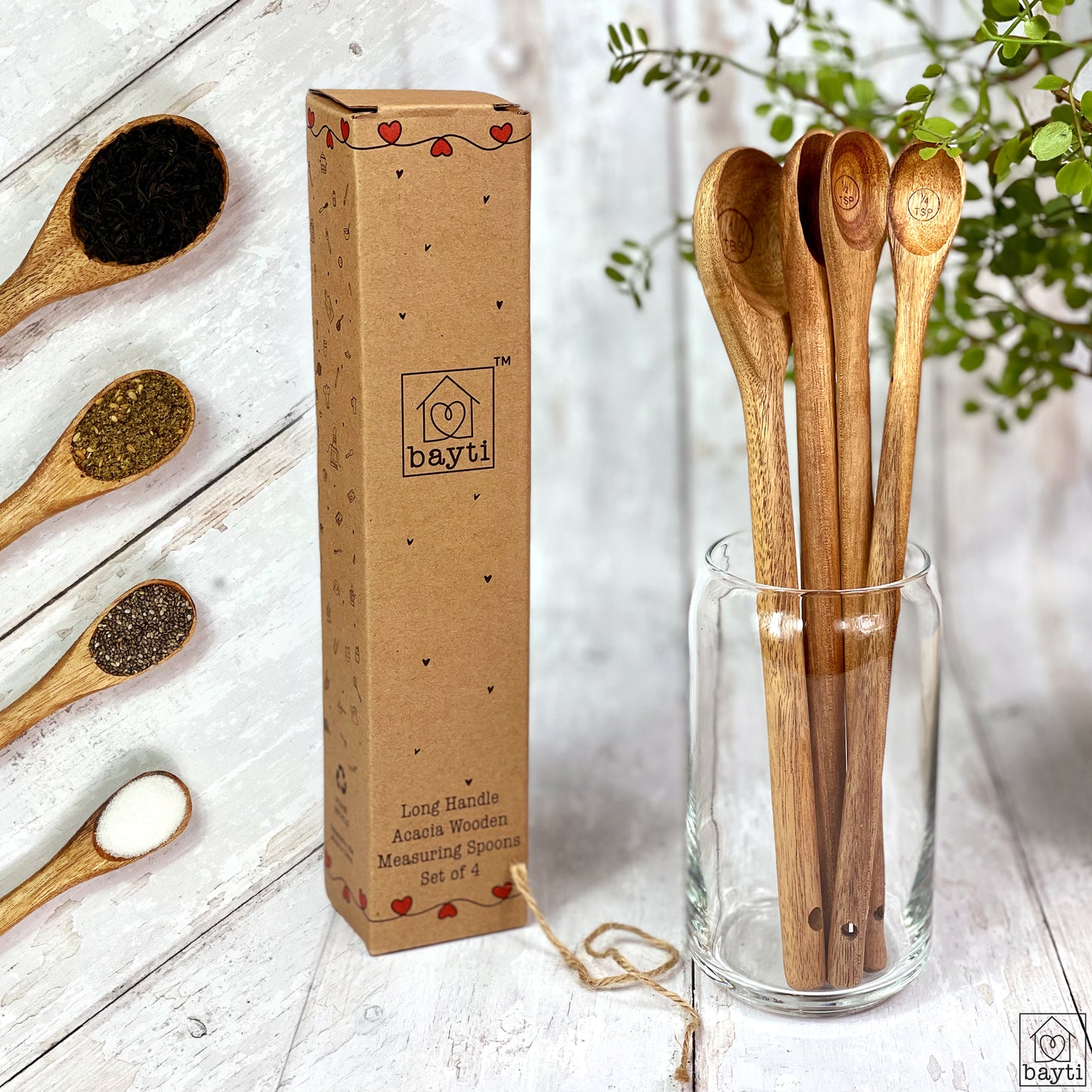 Long Handle Acacia Wooden Measuring Spoons, 100% Natural Food Grade Acacia Wood set of 4 spoons