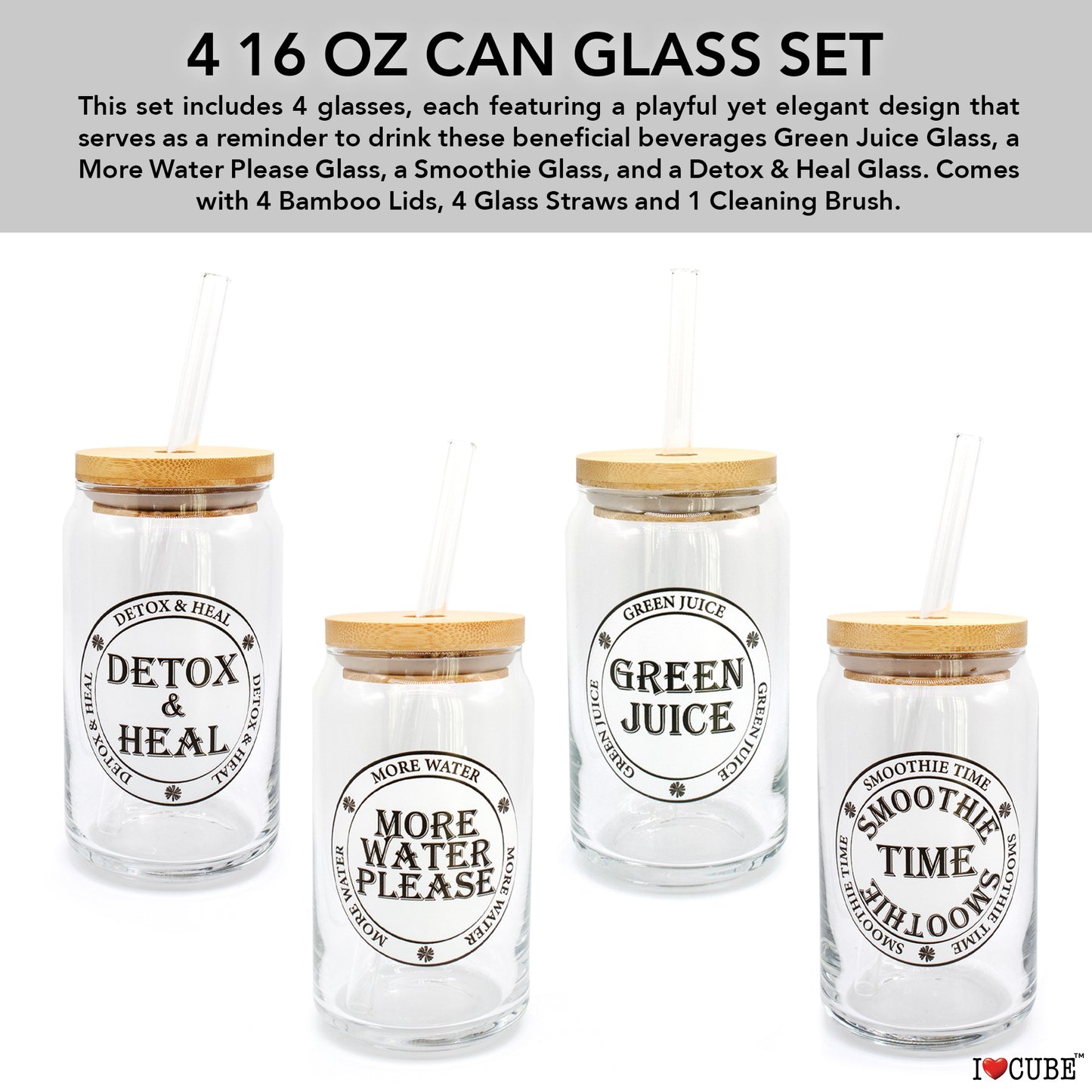 Glass Cups with Lids and Straws 4pcs Set 16oz Can Shaped Glass Cups, Smoothie Cup, Green Juice, Water Cup, Detox Drink Cup, Glass Tumbler, Gift 1 Cleaning Brush