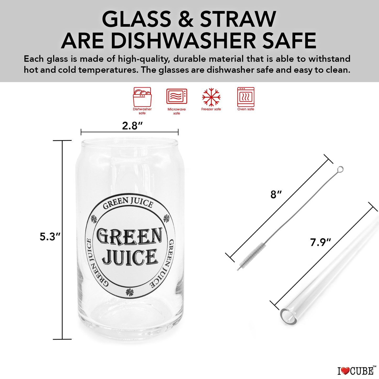 Glass Cups with Lids and Straws 4pcs Set 16oz Can Shaped Glass Cups, Smoothie Cup, Green Juice, Water Cup, Detox Drink Cup, Glass Tumbler, Gift 1 Cleaning Brush