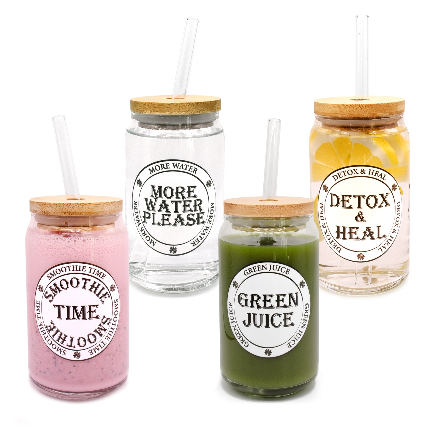 Glass Cups with Lids and Straws 4pcs Set 16oz Can Shaped Glass Cups, Smoothie Cup, Green Juice, Water Cup, Detox Drink Cup, Glass Tumbler, Gift 1 Cleaning Brush