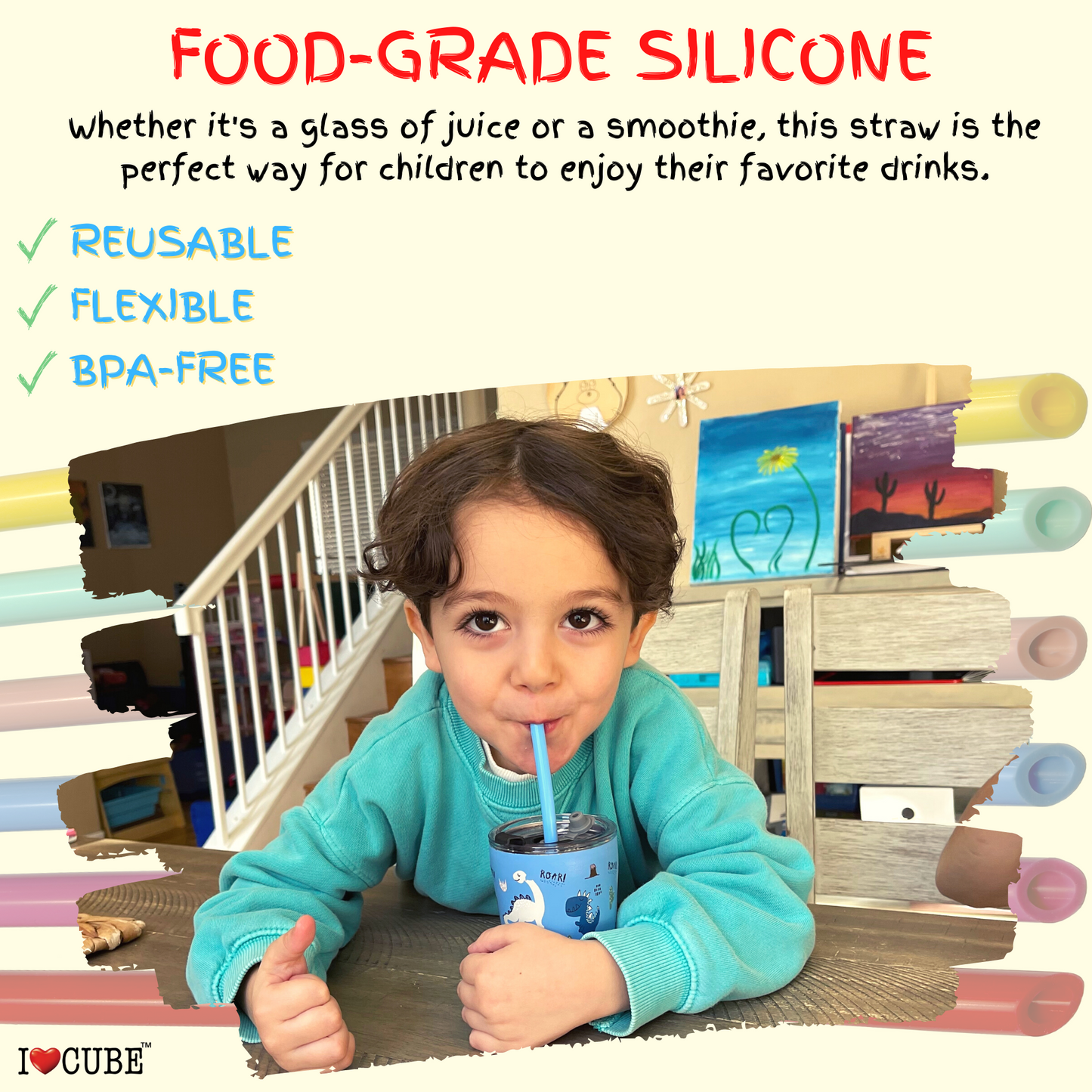 Short Silicone Straws for Kids with Cleaning Brush | BPA-Free, Food-Grade, Thick & Reusable Soft Straws for Kids Tumblers