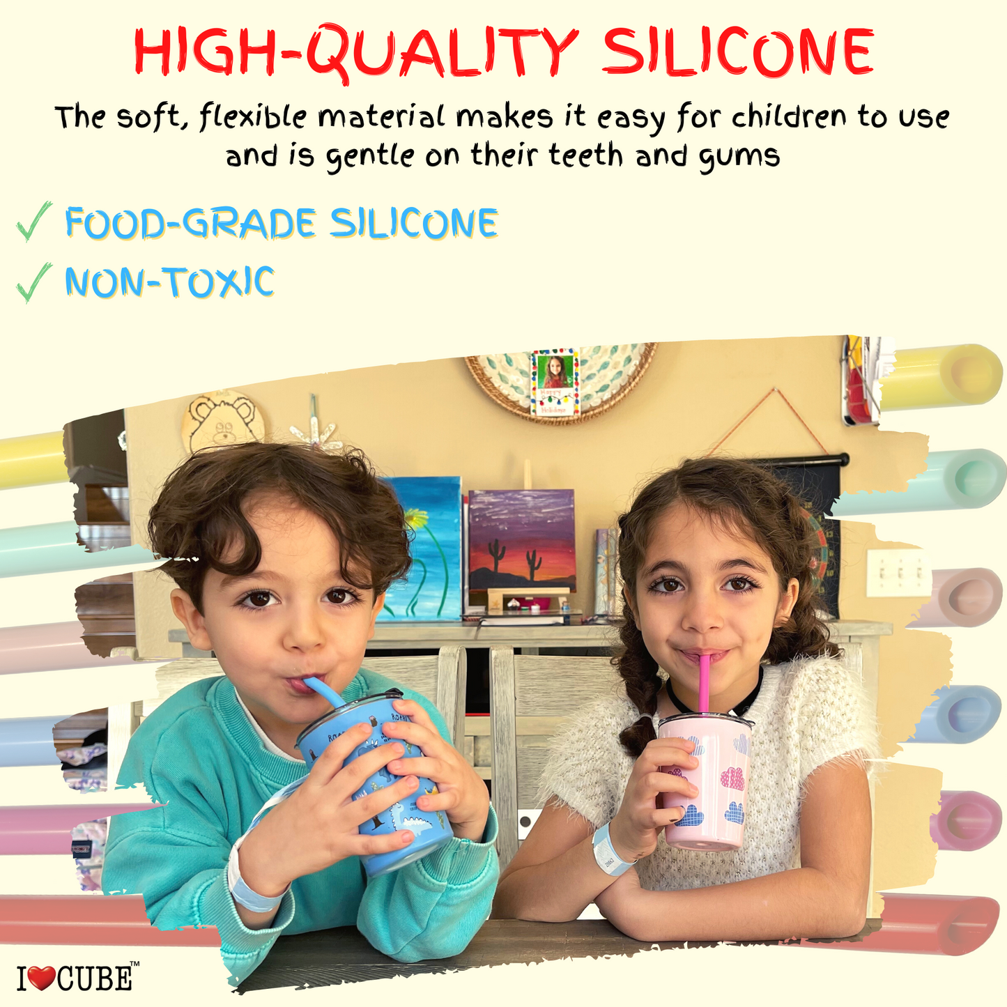 Short Silicone Straws for Kids with Cleaning Brush | BPA-Free, Food-Grade, Thick & Reusable Soft Straws for Kids Tumblers