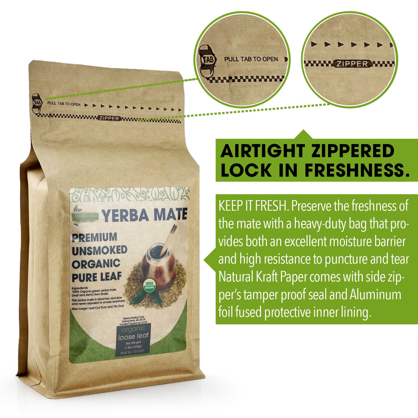 Organic Yerba Mate Tea Loose Leaf 400g (14 oz) Premium Unsmoked Organic Pure Leaf Traditional South American Yerba Mate New Large Leaf Cut No Dusts No Added Stems Loose