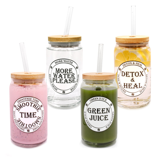 Glass Cups with Lids and Straws 4pcs Set 16oz Can Shaped Glass Cups, Smoothie Cup, Green Juice, Water Cup, Detox Drink Cup, Glass Tumbler, Gift 1 Cleaning Brush