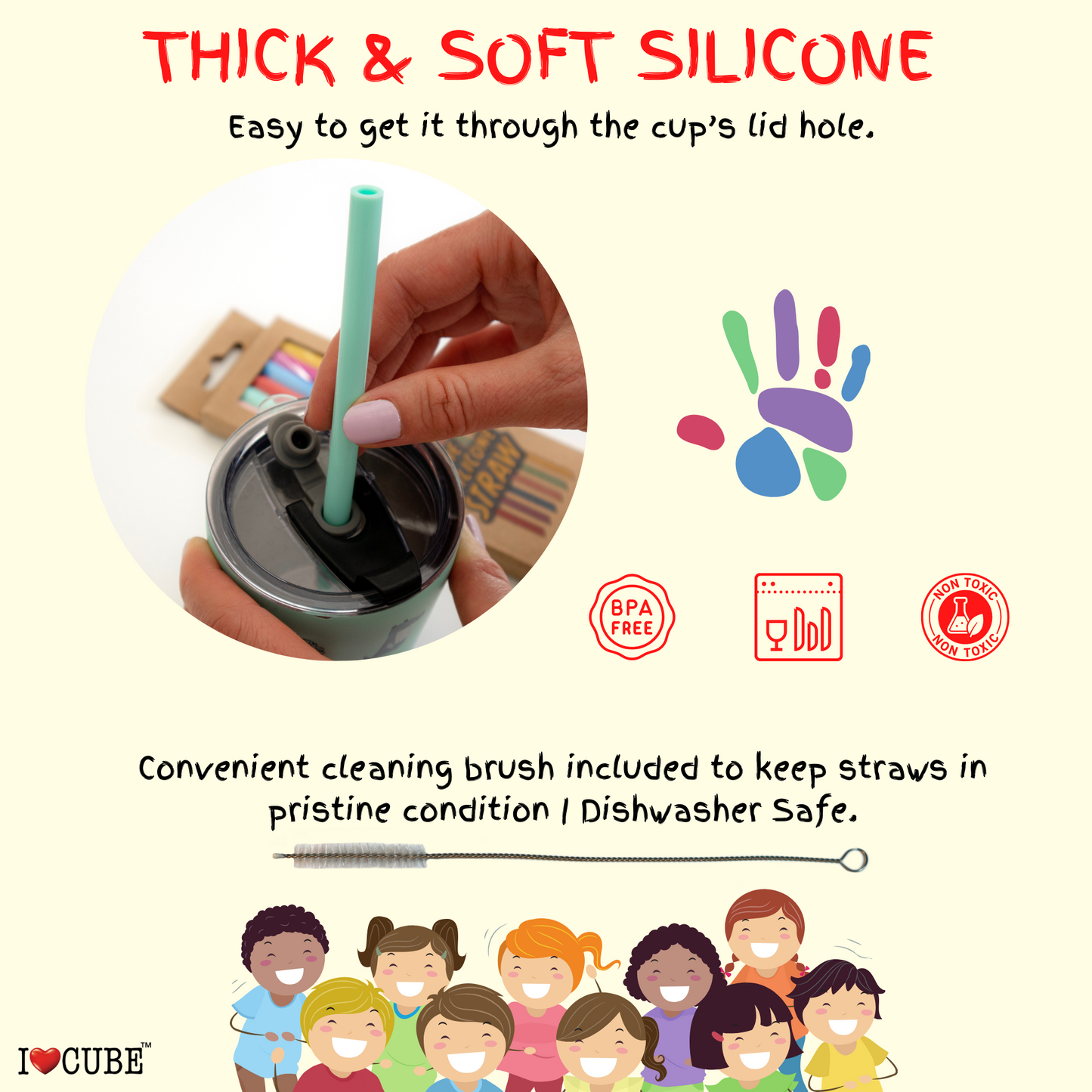 Short Silicone Straws for Kids with Cleaning Brush | BPA-Free, Food-Grade, Thick & Reusable Soft Straws for Kids Tumblers