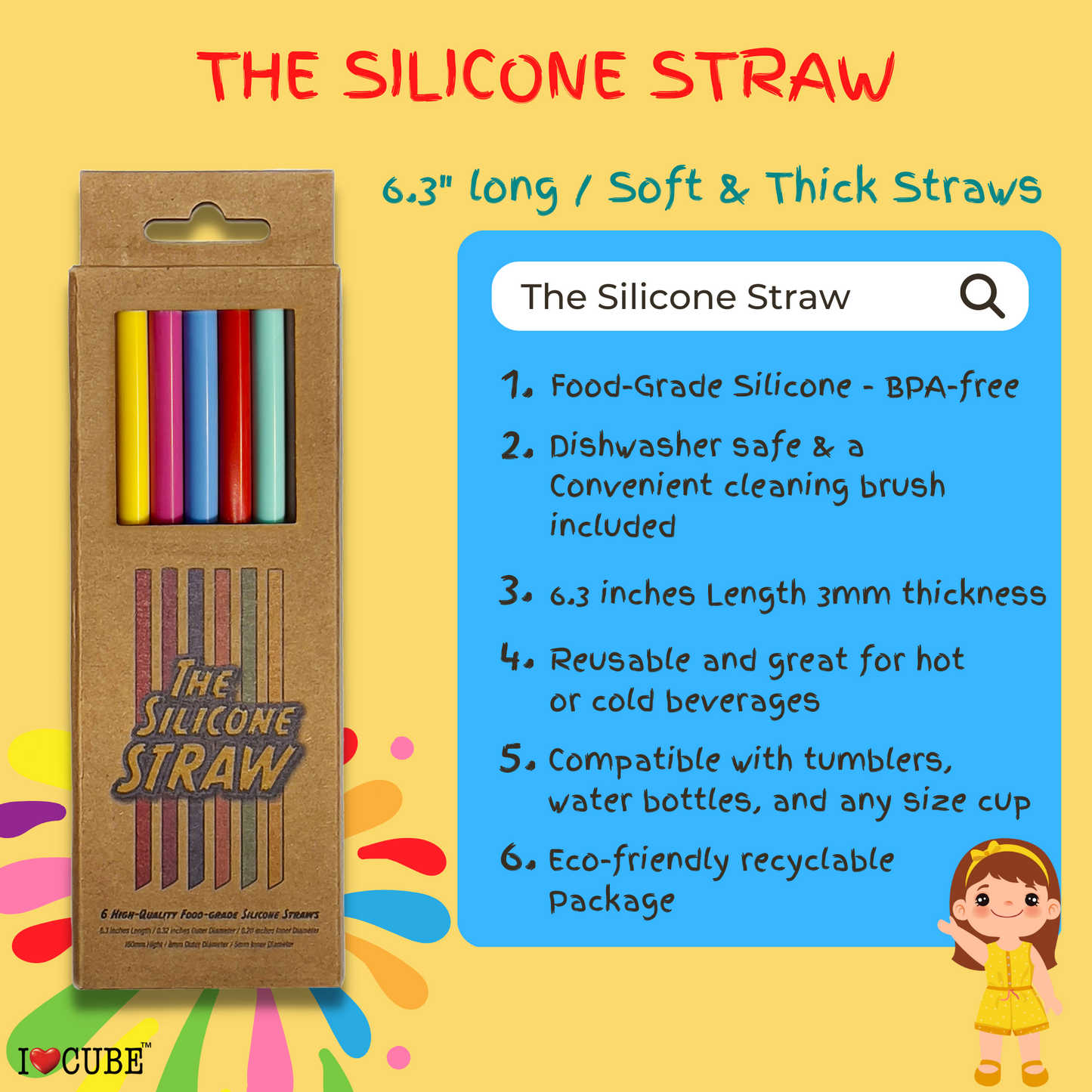 Short Silicone Straws for Kids with Cleaning Brush | BPA-Free, Food-Grade, Thick & Reusable Soft Straws for Kids Tumblers